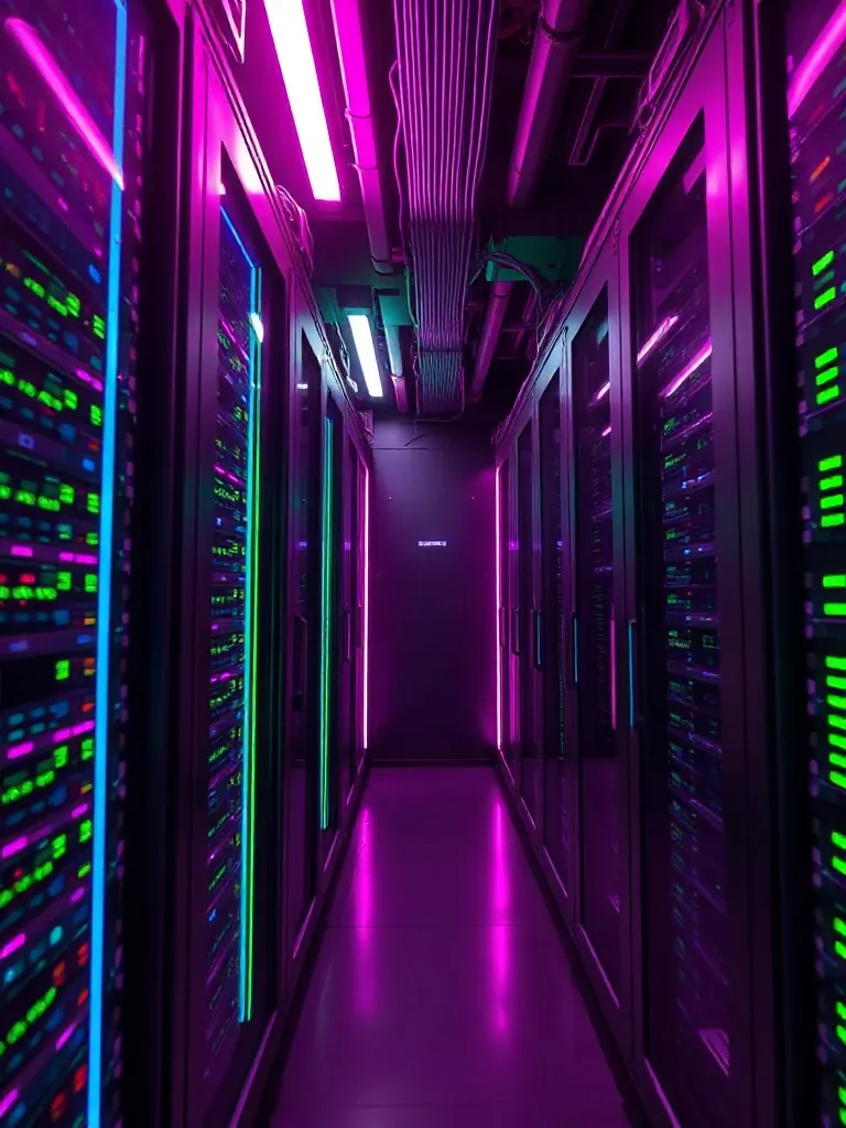 A high-tech server room with glowing purple and green neon l