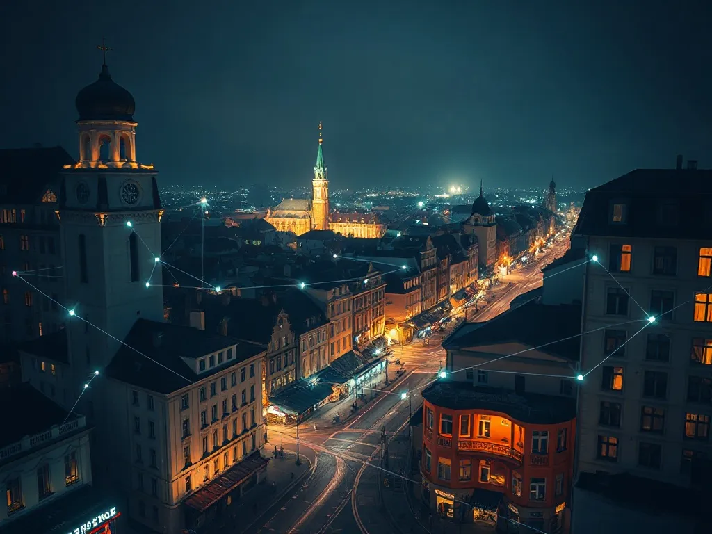 A futuristic representation of a Czech city with subtle digi