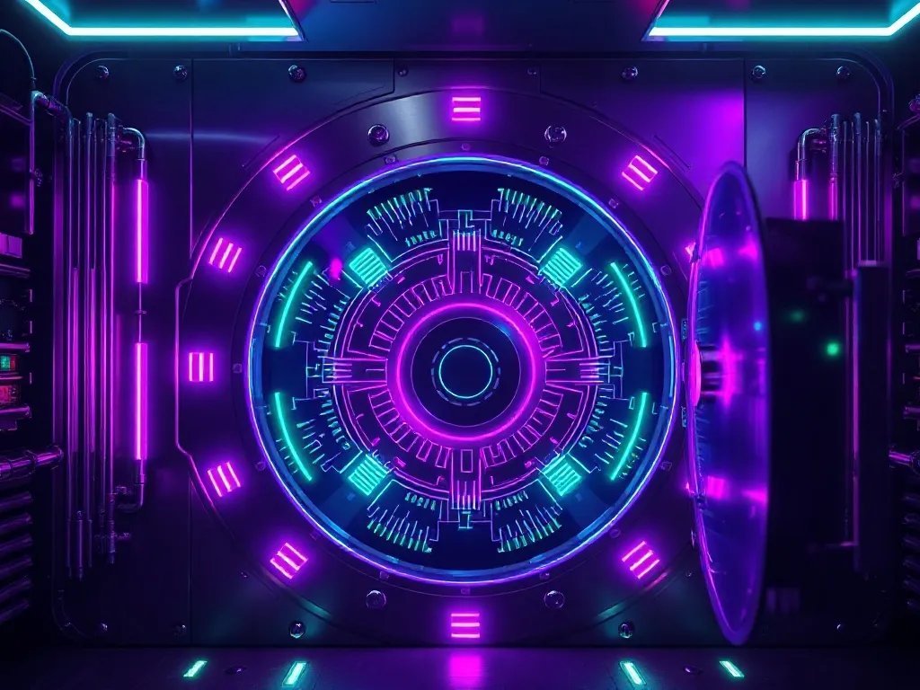 A high-tech digital vault door with glowing neon purple and